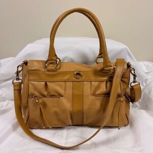Perlina Tan Leather Satchel Crossbody Bag Gold Hardware Multi Pocket Organizer